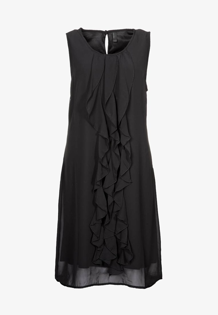 Robe noire sans manches avec détail à volants superposés à l'avant, dos avec fente en forme de goutte, et tissu doux et léger.