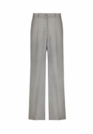 Pantalon droit gris clair sur mesure avec fermeture avant par bouton et zip, passants pour ceinture et tissu texturé subtil.