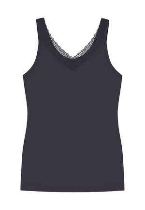 Dark gray tank top with a V-neckline featuring a lace trim. It has narrow shoulder straps and a fitted silhouette. Smooth fabric texture.
