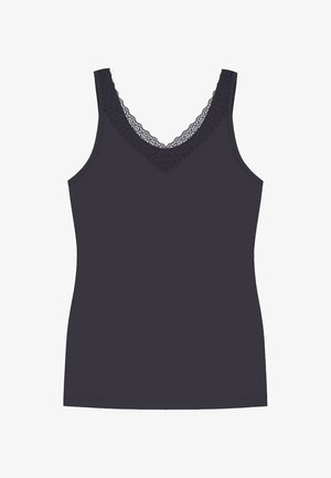 Dunkelgraues Top ohne Ärmel mit V-Ausschnitt und Spitze. Es hat schmale Träger und eine figurbetonte Silhouette. Glatte Stofftextur.