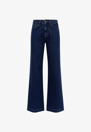 Dunkelblaue Jeans mit weiter Beinform und hoher Taille, ausgestattet mit fünf Taschen, einem Frontknopfverschluss und kontrastierenden Nähten an den Säumen.