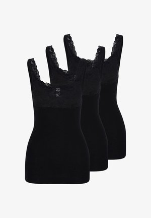Trois camisoles sans manches pour femmes de couleur noire avec une bordure en dentelle sur l'encolure et les bretelles, présentées sur un fond blanc.