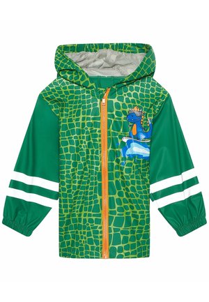 Zielona, dziecięca kurtka z kapturem z żółtym wzorem przypominającym łuski gada, niebieską grafiką smoka na piersi, pomarańczowym zamkiem błyskawicznym i białymi paskami na rękawach.