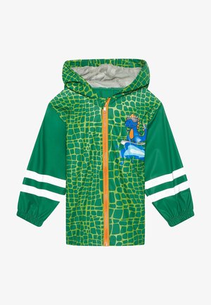 Chaqueta con capucha verde para niños con patrón de escamas de reptil amarillas, gráfico de dragón azul en el pecho, cremallera naranja y franjas blancas en las mangas.