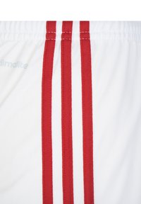 Pantaloni corti bianchi con tre strisce rosse verticali su ciascun lato. Realizzati in materiale traspirante, con vita elastica e dettagli cuciti.
