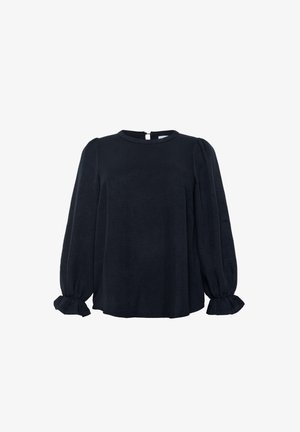 Marinblus med lång ärm i strukturerad tyg, veckade axlar och samlade manschetter. Rundad halsringning med en nyckelhålsöppning bak.