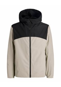 Veste à capuche légère avec un corps beige, une section supérieure noire, une fermeture éclair et une texture de tissu lisse.