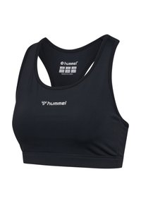 Schwarzer Hummel Sport-BH mit Racerback-Design, Markenlogo vorne und Größenetikett innen, aus glattem Stoff gefertigt.