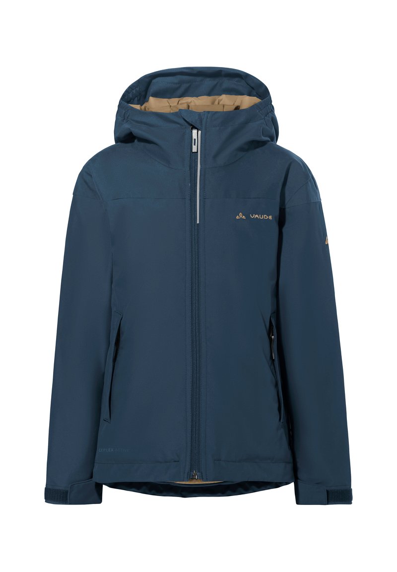 Marineblaues Outdoor-Jackett mit Kapuze, vorderem Reißverschluss, zwei Seitentaschen und beige-farbigem Futter, mit kleinem gelben Logo auf der Brust und dem Ärmel.