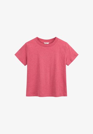 Eenvoudig T-shirt met korte mouwen en ronde hals in effen roze stof, met een klein maatlabel aan de binnenkant van de kraag.