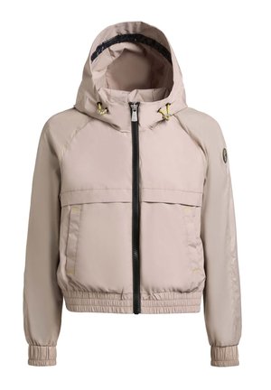 Hellbeige Kapuzenjacke mit schwarzem Frontreißverschluss, elastischen Bündchen und Saum, zwei Fronttaschen und gelben Kordelzug-Details.