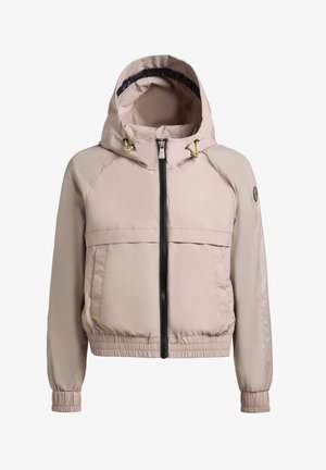 Hellbeige Kapuzenjacke mit schwarzem Frontreißverschluss, elastischen Bündchen und Saum, zwei Fronttaschen und gelben Kordelzug-Details.