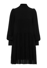 Musta mekko, jossa on korkeakauluksinen yläosa, pitkät puffihihat ja kerroksellinen hame. Valmistettu kevyestä kankaasta, jossa on sileä pinta.