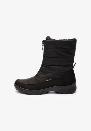 Schwarze Winterstiefel für Frauen mit einem gepolsterten Obermaterial aus Stoff und Suedeelementen. Seitenreißverschluss und strukturierte Gummisohle für guten Grip.