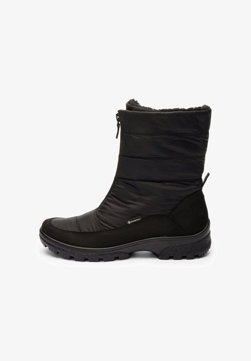 Black women's winter boots featuring a quilted fabric upper and suede accents. Side zip closure and textured rubber sole for grip.