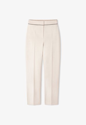 Beige trousers made of lightweight fabric, featuring creased front design, elastic waistband with black piping, and tapered ankle length.