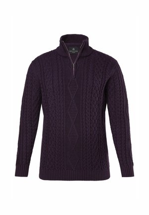 Suéter de punto violeta con cuello alto y media cremallera. Presenta un patrón de punto trenzado texturizado y puños y dobladillo acanalados.