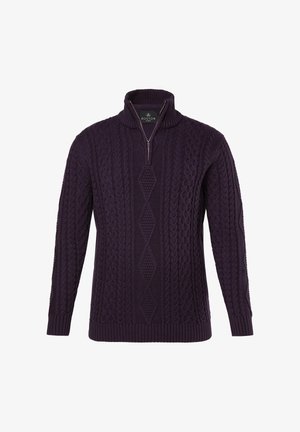 Violet gebreide trui met hoge kraag en halve rits. Heeft een gestructureerd kabelbreipatroon en geribbelde manchetten en zoom.