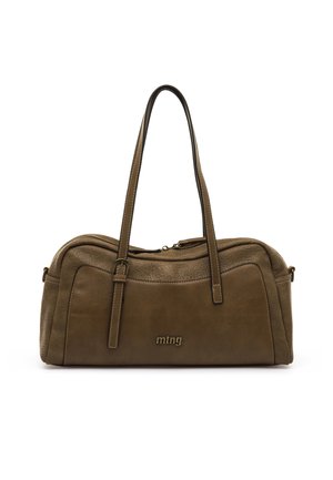 Bolso de mano de cuero marrón con doble asa para el hombro, cierre de cremallera y detalle en el panel frontal con un pequeño logotipo "mtng".