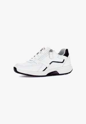 White leather sneaker with black accents, lace-up front, side zipper, and textured sole, displayed on a white background.