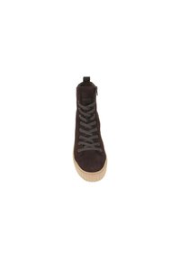 Brown suede high-top sneaker with gray laces, round toe, and a textured, chunky beige outsole. Side zipper for easy access.