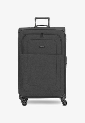 Grande valigia morbida grigia scura con tasca frontale con zip, etichetta del marchio, manico estraibile e quattro ruote piroettanti.
