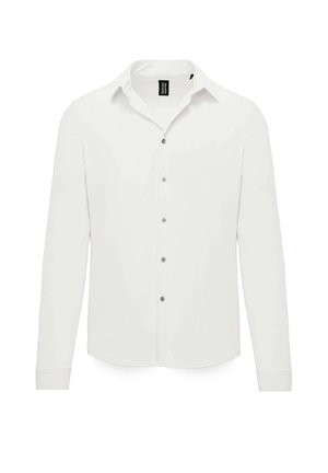 Biała koszula z długim rękawem zapinana na guziki, charakteryzująca się klasycznym kołnierzykiem, szarymi guzikami i gładką fakturą. Brak widocznych wzorów lub akcentów.