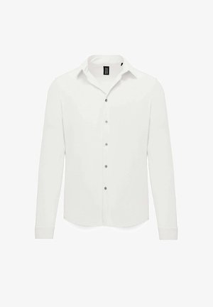 Biała koszula z długim rękawem zapinana na guziki, charakteryzująca się klasycznym kołnierzykiem, szarymi guzikami i gładką fakturą. Brak widocznych wzorów lub akcentów.