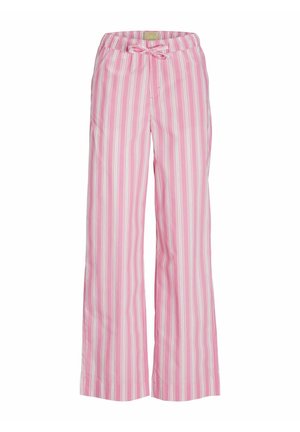 Roosa triibuline laia jala püksid, millel on nööriga kumm vööl. Vertikaalsed triibud sisaldavad valge ja helesinise aktsente. Pehme, kerge kangas.