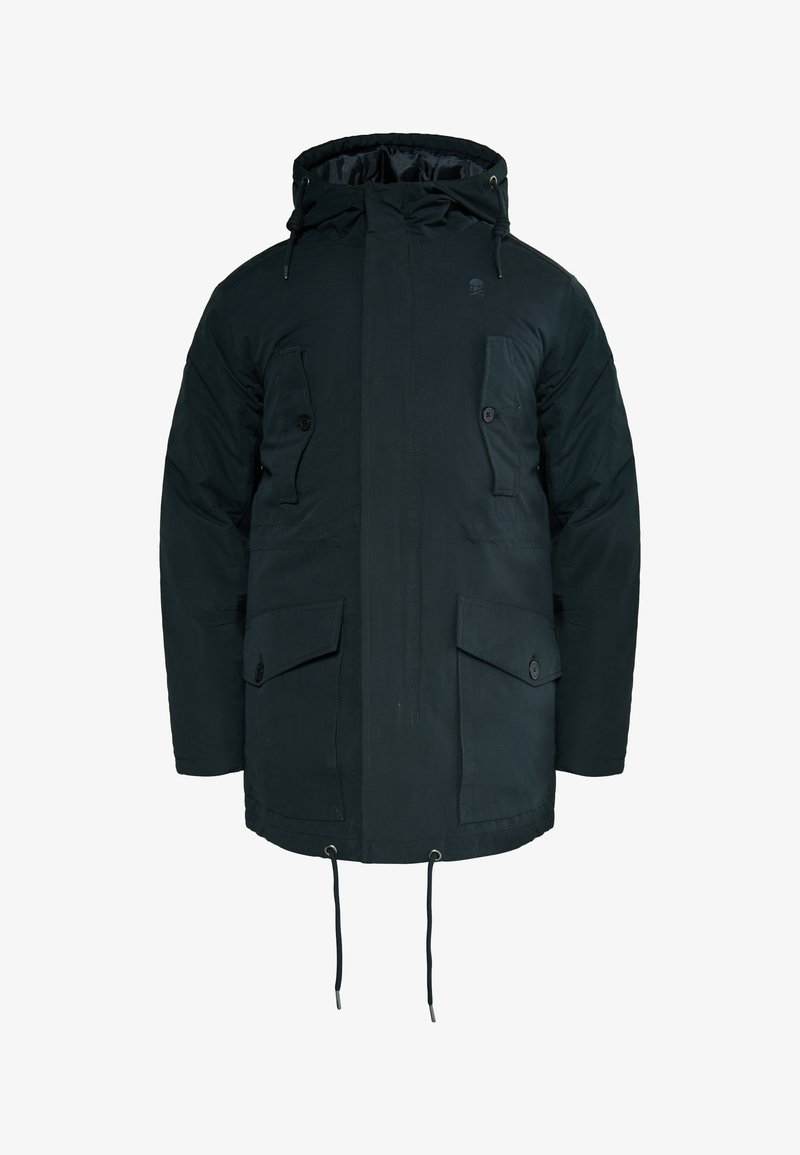 Sort yderjakke lavet af tekstureret stof, med hætte, frontlynlås og to store knaplommer. Snørelukning i kanten.