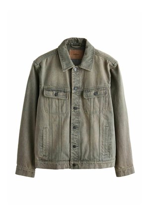 Olive green denim jacket with a button-up front, two chest pockets, side pockets, and a classic collar. Features visible stitching and a relaxed fit.