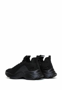 Black athletic sneakers featuring a mesh upper, textured accents, a cushioned sole, and a pull tab for easy wear.