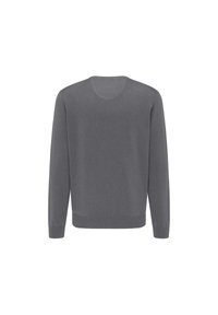 Grå hettegenser med rund hals, ribbede mansjetter og kant. Stoffet ser glatt ut med en myk tekstur og enkel design, uten synlige mønstre.