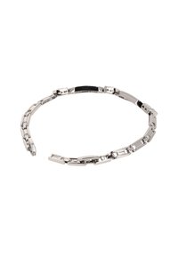 Hopeaket metallihopeinen rannekoru, jossa on toisiinsa kytkeytyviä suorakulmaisia lenkkejä, joilla on kiiltävä pinta. Kevyt ja joustava muotoilu.