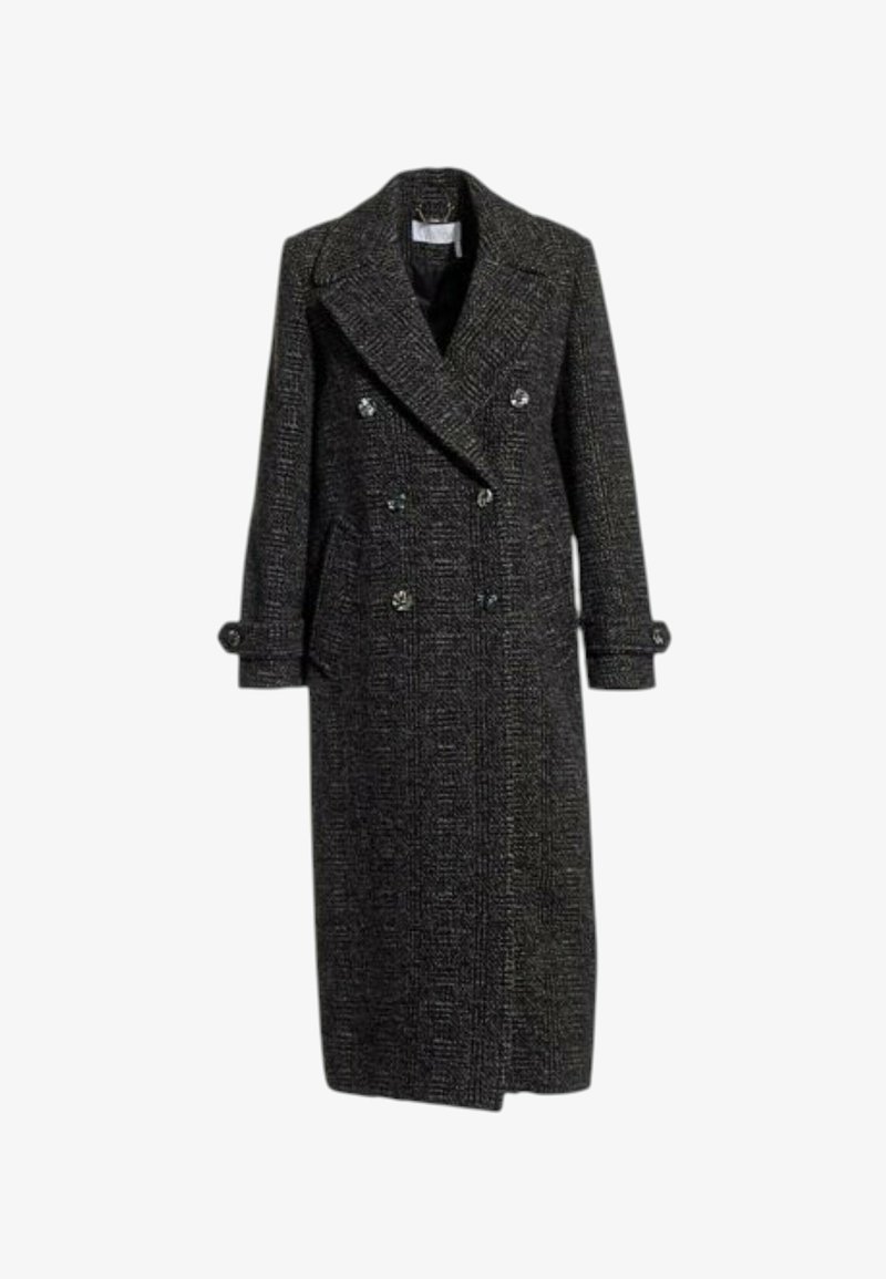 Long manteau en laine gris foncé à double boutonnage avec larges revers, six boutons, poches latérales et poignets à pattes boutonnées.