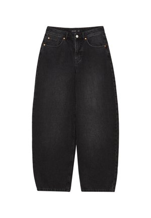 Schwarze Jeans mit weitem Bein und hoher Taille, ausgestattet mit fünf Taschen, goldfarbenen Knöpfen und minimalistischem Stich.