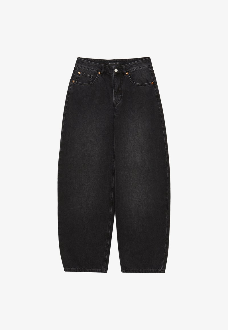 Schwarze Jeans mit weitem Bein und hoher Taille, ausgestattet mit fünf Taschen, goldfarbenen Knöpfen und minimalistischem Stich.