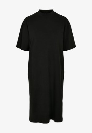 Black dress with a high neckline and short sleeves. Made from soft cotton fabric, features a loose fit and side pockets.