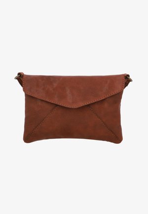 Brown leather pouch with a textured surface, rectangular shape, and a triangular flap closure; features stitching detail along the edges.