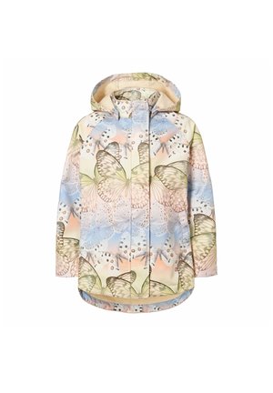 Giacca con cappuccio per bambino con stampa di farfalle pastello in tonalità di blu, rosa, verde e beige, con cerniera frontale e maniche lunghe.