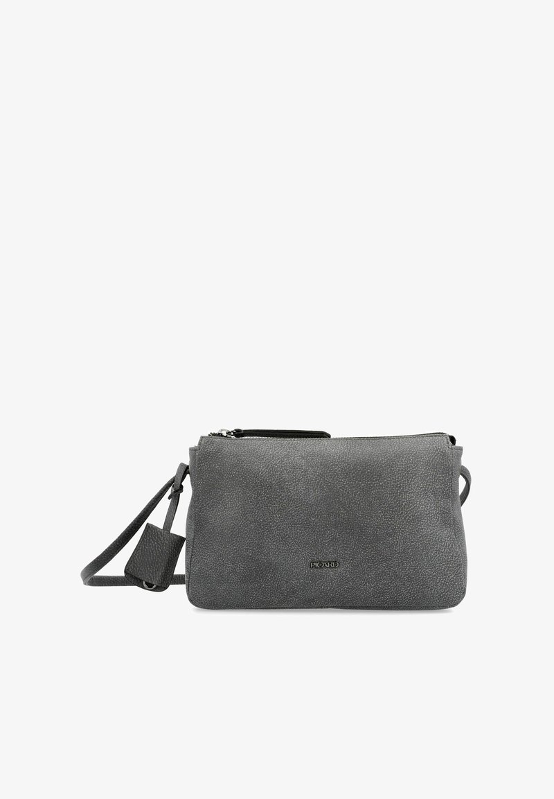 Graue, strukturierte Leder-Crossbody-Tasche mit Reißverschluss, verstellbarem Trageriemen und einem kleinen abnehmbaren Etikett. Kompakte rechteckige Form.
