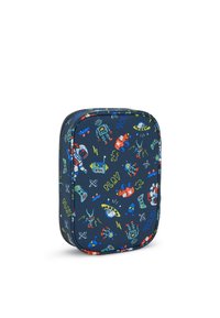 Marineblaues Etui mit Reißverschluss und bunten Illustrationen zum Thema Weltraum, darunter Roboter, Raketen und Gaming-Controller, in einem verspielten Muster.