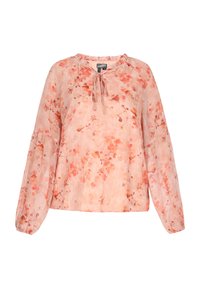 Lichte, langwerpige blouse in zachtroze met bloemenpatroon. Heeft een ronde halslijn en een strikdetail aan de voorkant met gather cuffs.