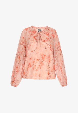 Blusa ligera de manga larga en rosa suave con un patrón floral. Presenta un escote redondo y detalle de lazo en la parte delantera con puños fruncidos.