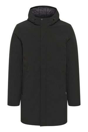 Black parka jacket featuring a hood, full-length zipper, and side pockets. Made from smooth, water-resistant material with a straight cut.