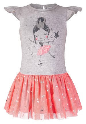 Grå kjole med flagrende ærmer med print af en ballerina med krone og tryllestav samt en lyserød tylskørt med sølvhjerter.