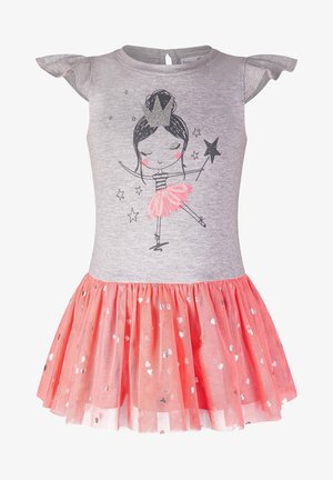 Robe grise à manches volantées avec une ballerine imprimée avec une couronne et une baguette, et une jupe en tulle rose avec des détails de cœurs argentés.