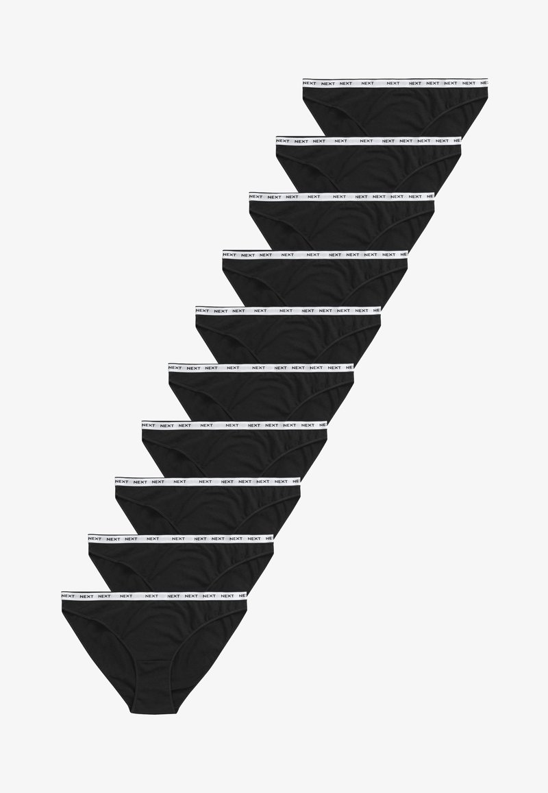 Conjunto de nueve calzoncillos negros con cinturillas blancas que presentan el logo "NEXT" repetido, dispuestos en una línea diagonal sobre un fondo blanco.