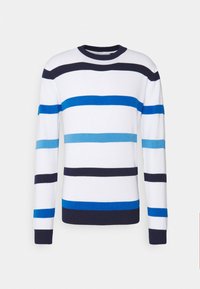 Randig sweatshirt med rund halsringning som har växelvis blå, marinblå och vita horisontella ränder. Mjukt material, långa ärmar och ribbade ärmslut.