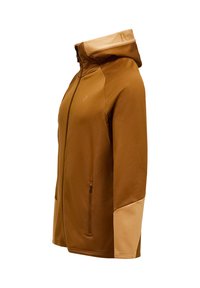 Giacca con cappuccio marrone con chiusura a zip, caratterizzata da accenti beige sulle spalle e sulle maniche. Texture liscia con un logo sul cappuccio.